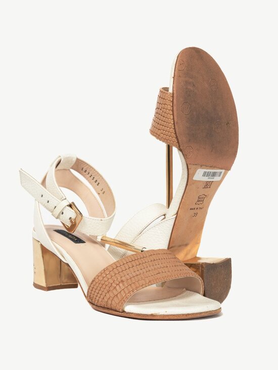 Escada SS14 White & Brown Snakeskin-Embossed T-Strap Mirror-Heel Sandals - Picture 4 of 10